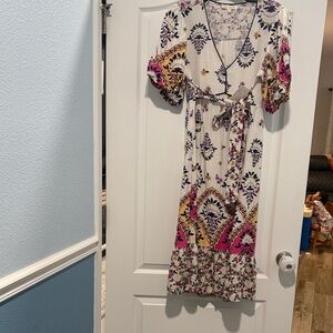 Fig and Flower Bohemian Maxi Dress with Pink and Yellow Accents